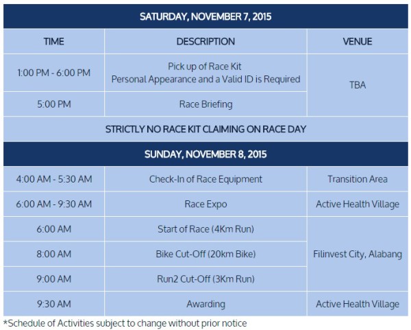 Duathlon United 2015 Schedule of Activities